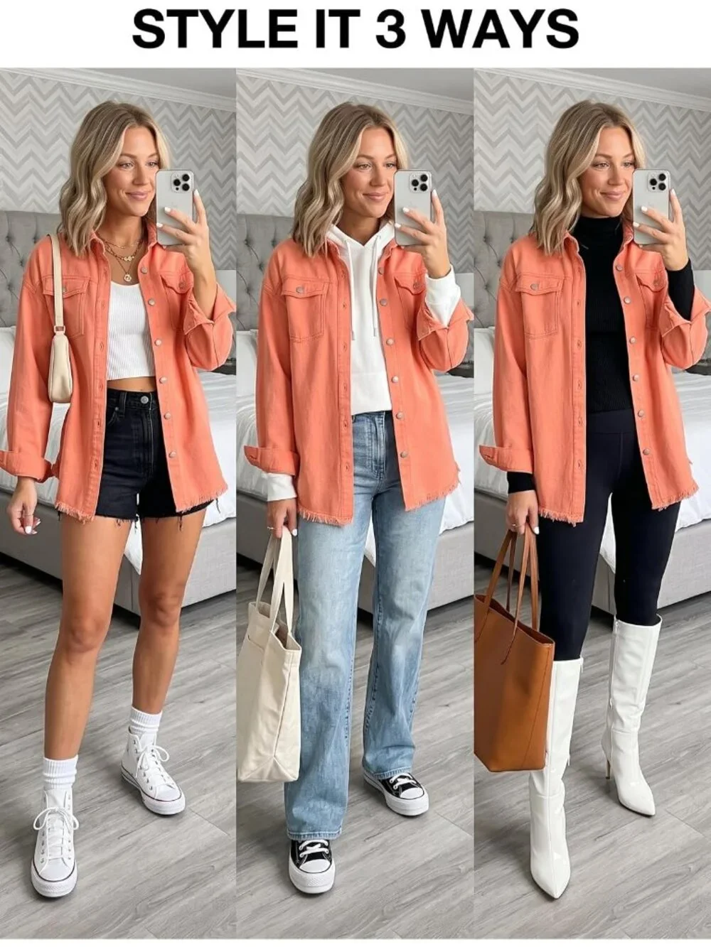 Women's Orange Denim Button Down Oversized Distressed Boyfriend Jean Jacket